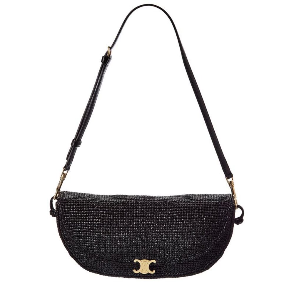 Celine Soft Triomphe Half Moon Raffia & Leather Shoulder Bag, Black